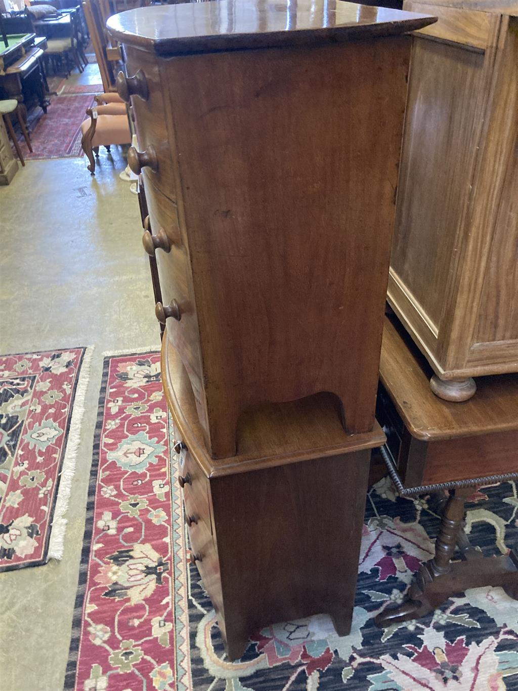 A near pair of Victorian mahogany bowfront commodes, larger 66cm, depth 40cm, height 68cm